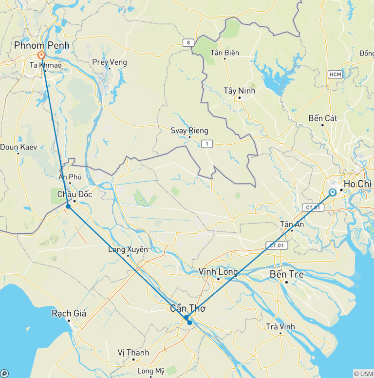 Map of Mekong Delta Tour Speed Boat to Cambodia 3 Days