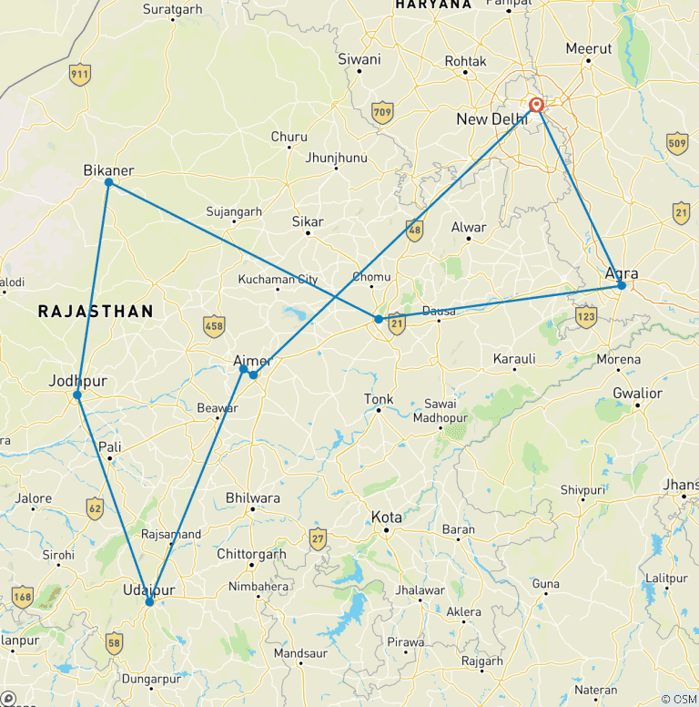 Map of Special Rajasthan, 10 days tour