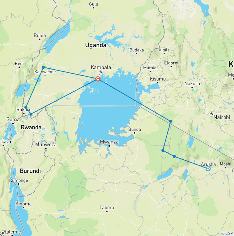 Map of 12 Days Gorillas & The Great Migration and Big Five