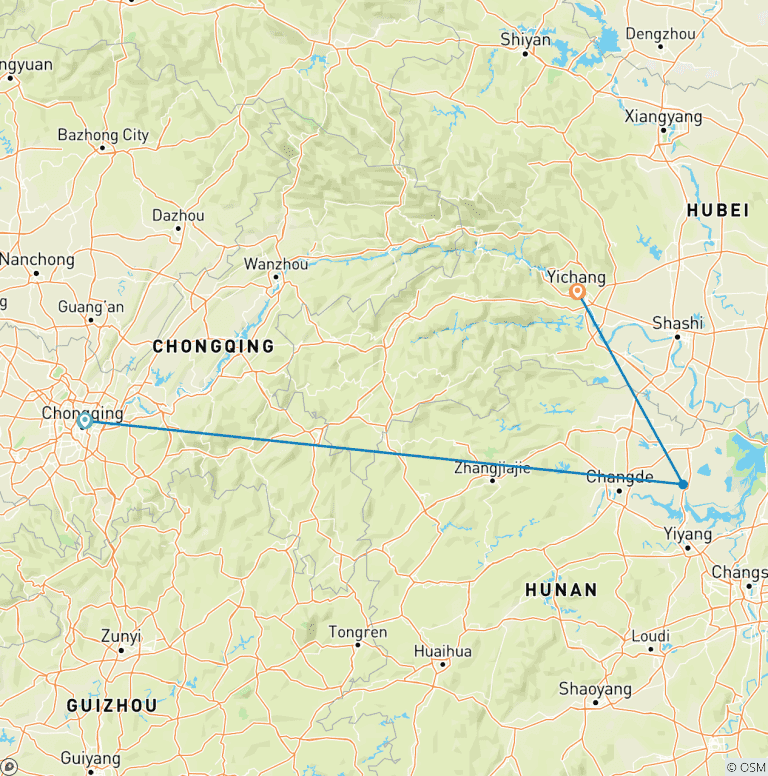 Map of Yangtze River Cruise from Chongqing to Yichang Downstream in 4 Days 3 Nights
