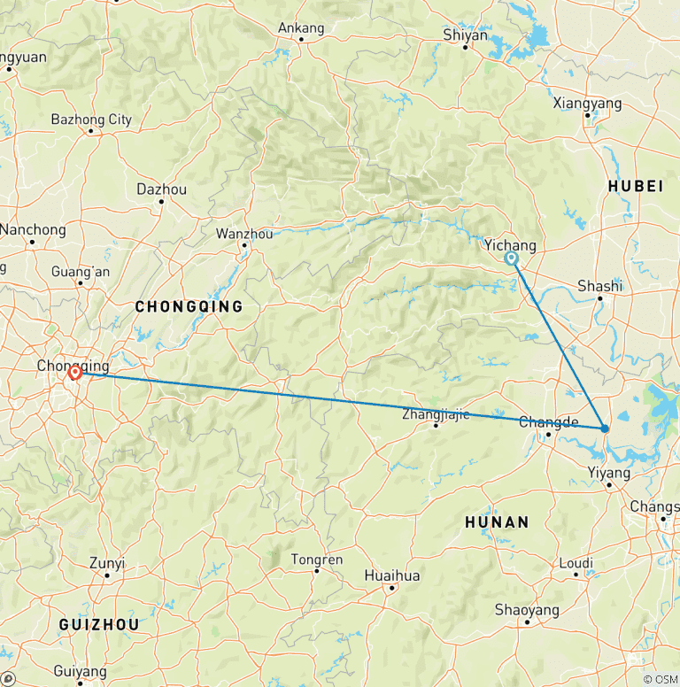 Map of Yangtze River Cruise from Yichang to Chongqing Upstream in 5 Days 4 Nights