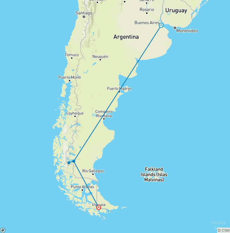 Map of Argentina - Buenos Aires, Calafate and Ushuaia  - 7 days