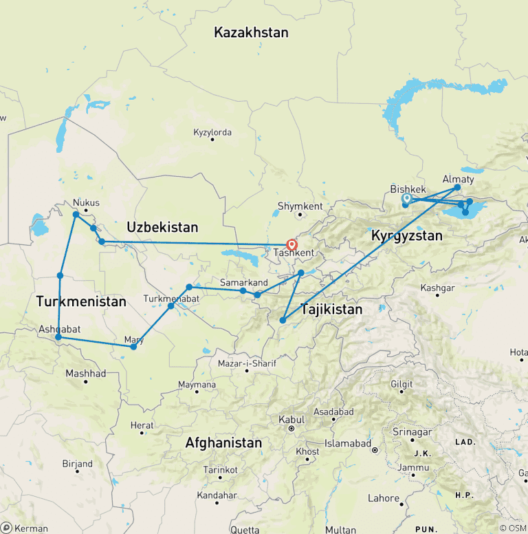 Map of Central Asia Combined Silk Road Tour