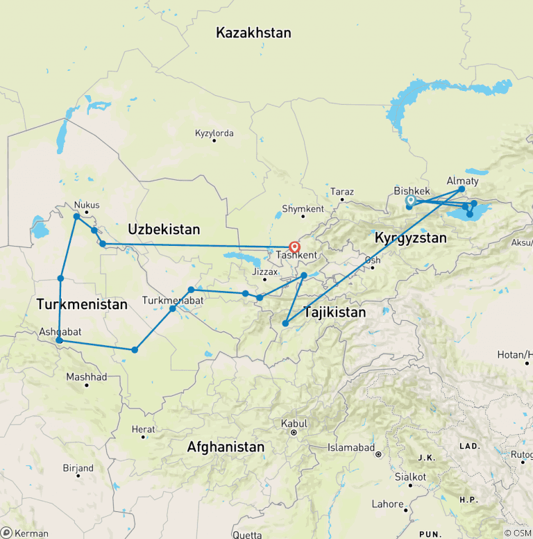 Map of Central Asia Combined Silk Road Tour