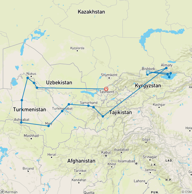 Map of Central Asia Combined Silk Road Tour