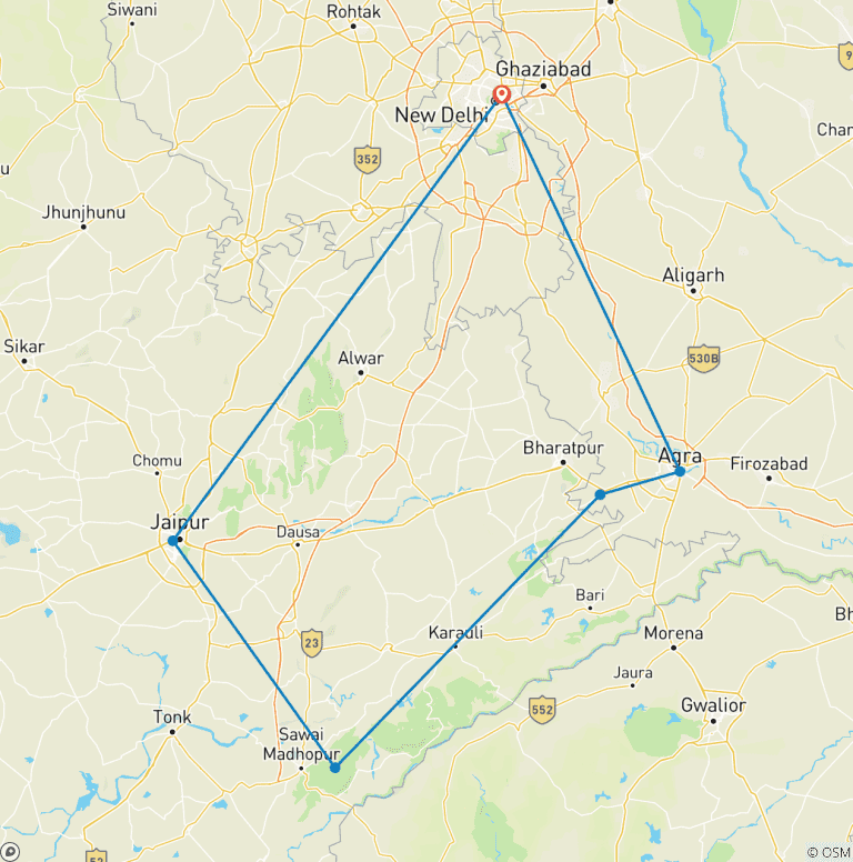 Map of Adventures Ranthambore Wildlife Safari Tour with Golden Triangle 7Days
