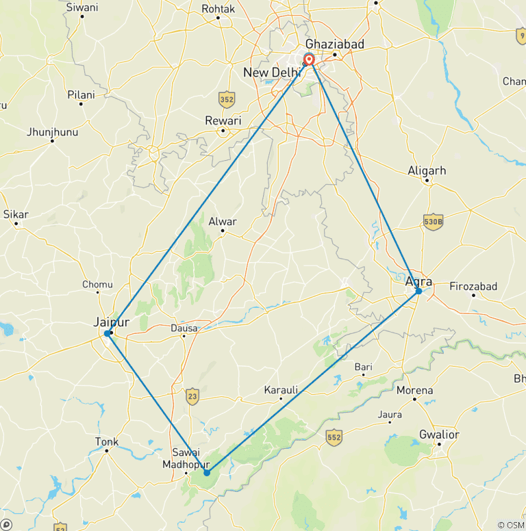 Map of Adventures Ranthambore Wildlife Safari Tour with Golden Triangle 7Days