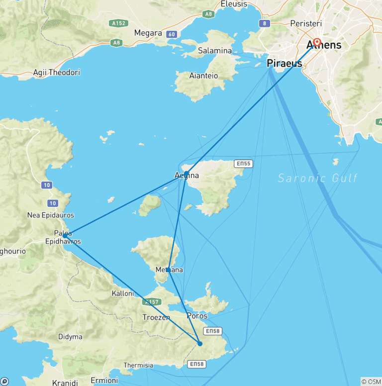 Map of 6-Day Sailing Yoga & SUP in the Greek Islands with Overnight Hotel Stays