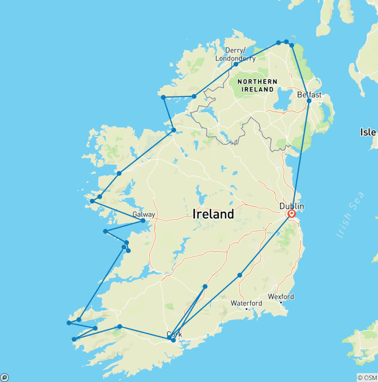 Map of 13 Day Full Irish Experience - Small Group Tour