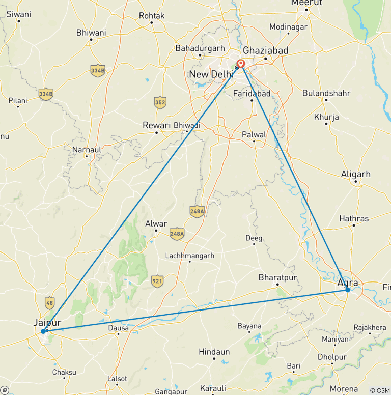 Map of Delhi Taj Mahal And Jaipur Pink City 3 Days