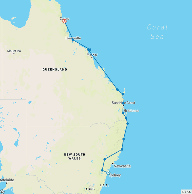 Map of Sydney to Cairns: 21 Day EMU ADVENTURE Tour