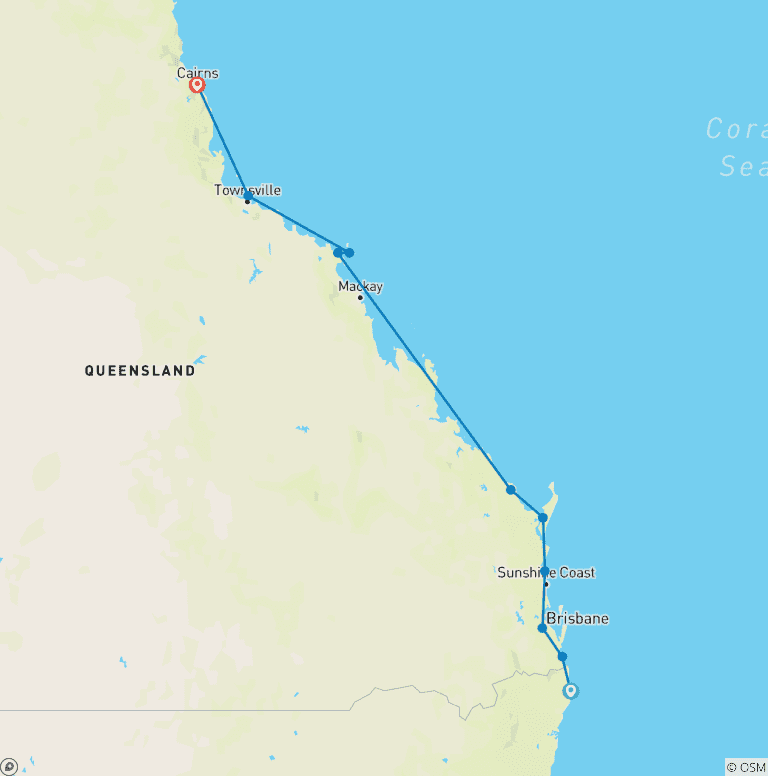 Map of Byron Bay to Cairns: 15 Day Roo Adventure Tour