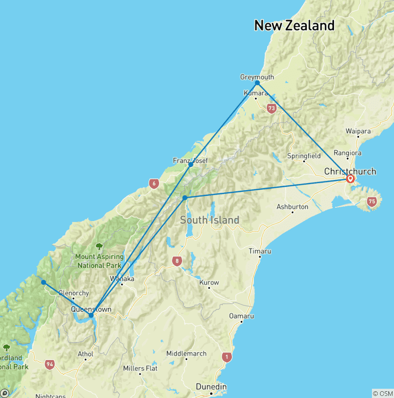 Map of 10 Day South Island National Parks