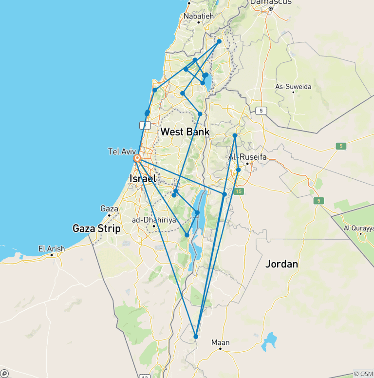 Map of Highlights of Israel and Jordan - 11 days