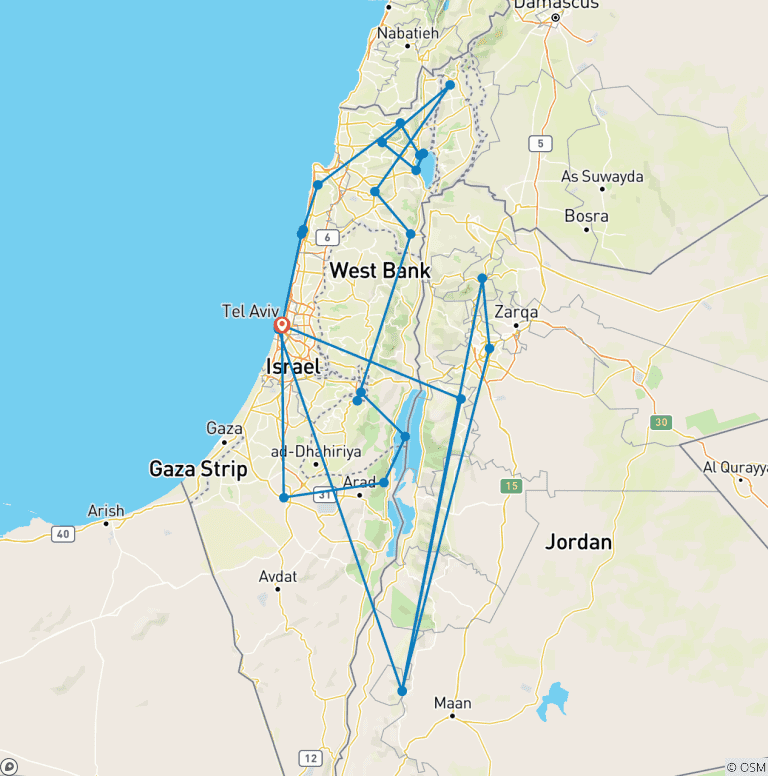 Map of Highlights of Israel and Jordan - 11 days