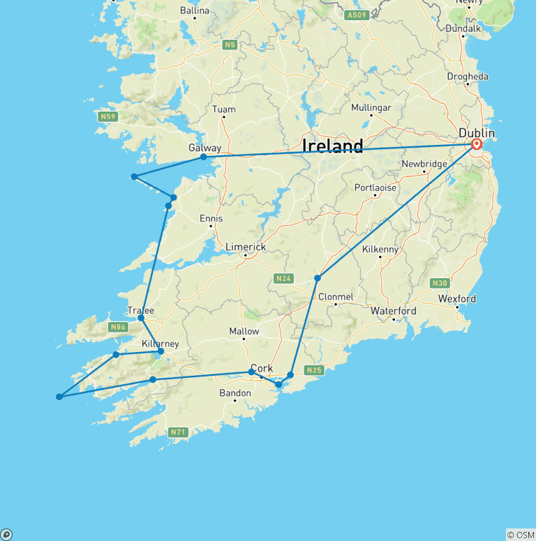 Map of 7-Day Ireland to Island Small Group Tour of Ireland