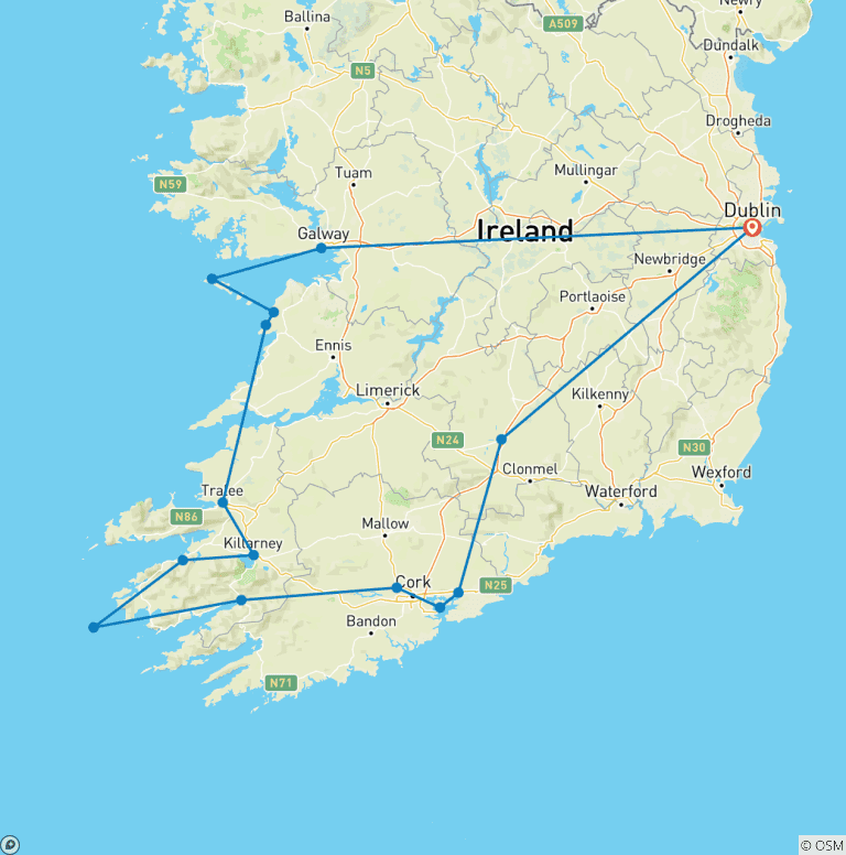 Map of 7-Day Ireland to Island Small Group Tour of Ireland