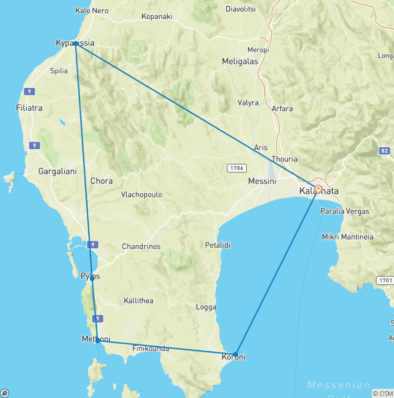 Map of Messinia Coastal Tour Self Guided
