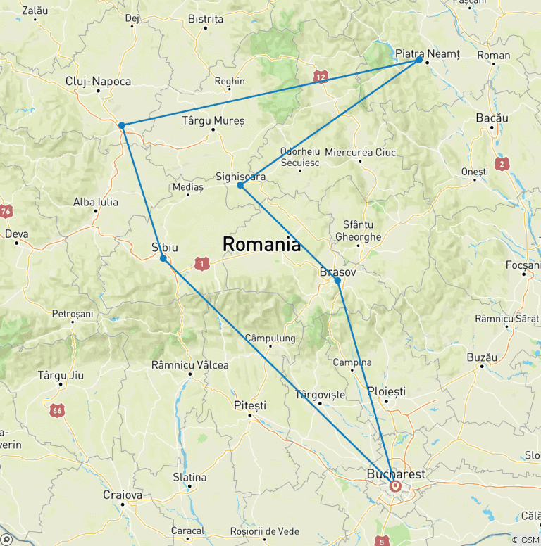 Map of Dracula Tour in Romania from Bucharest including 'The Ritual of Killing of a Living Dead