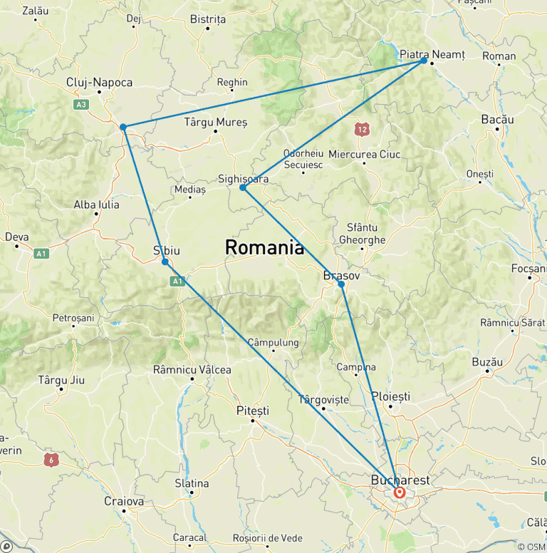 Map of Dracula Tour in Romania from Bucharest including 'The Ritual of Killing of a Living Dead