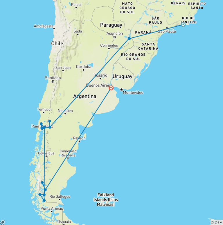 Map of Brazil, Argentina & Chile - South America 22 days