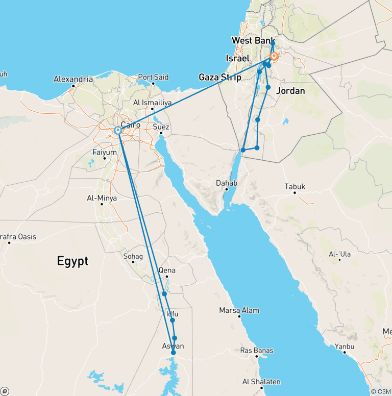 Map of 15 Days Egypt and Jordan Tour