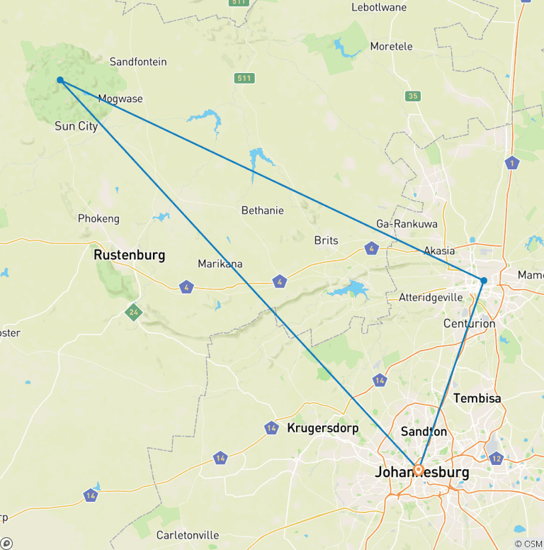 Map of Cradle of Human Kind, Sun City & Pilanesberg Game Reserve Tour