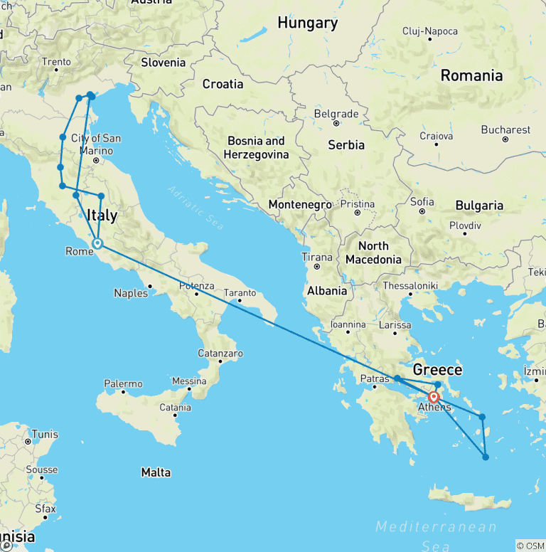 Map of Italy and Greece Highlights with Island Hopping