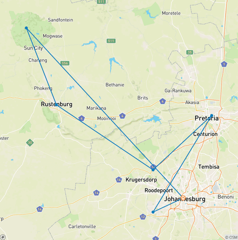 Map of Soweto to Pretoria & Pilanesberg Big 5 Game Drive