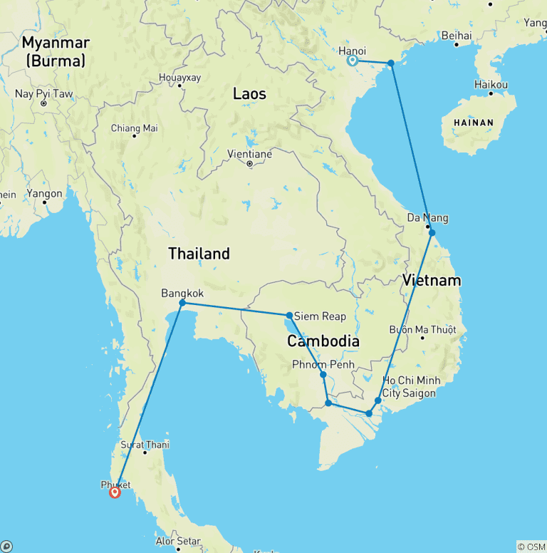 Map of Highlights of Vietnam, Cambodia & Thailand 21 Days