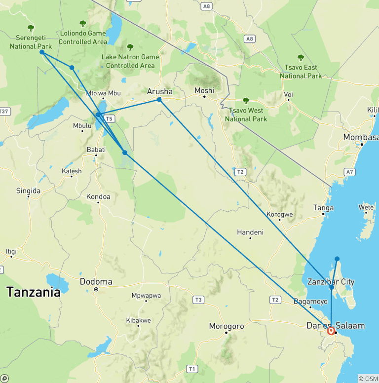 Map of 12 Days Tanzania  Luxury Safari with Zanzibar Beach Holiday
