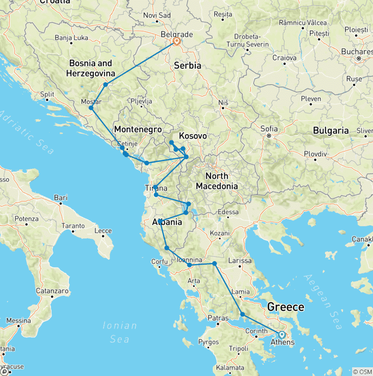 Map of Semi-Private Balkans Tour; From Athens to Sarajevo or Belgrade