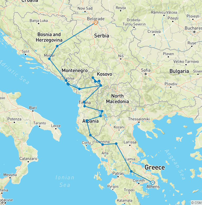 Map of Athens to Sarajevo / Belgrade; Semi – Private Tour with Dedicated Tour Leader & Car