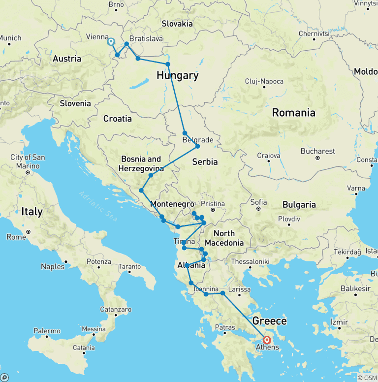 Map of Vienna to Athens / Corfu; Semi – Private Tour with Dedicated Tour Leader & Car