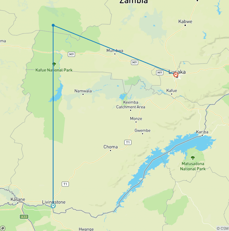 Map of Kafue 6 Days / 5 Nights Budget Safari