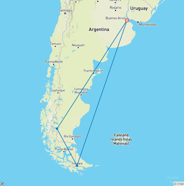 Map of 8-Day Premium Discovery Ushuaia & El Calafate from Buenos Aires