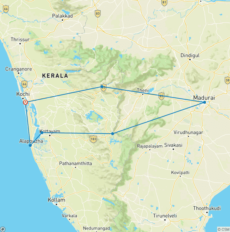 Map of 10 Days Romantic Beaches and Backwaters Tour of Kerela(ALL INCLUSIVE)