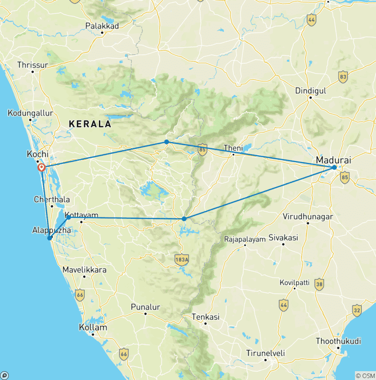 Map of 10 Days Romantic Beaches and Backwaters Tour of Kerela(ALL INCLUSIVE)