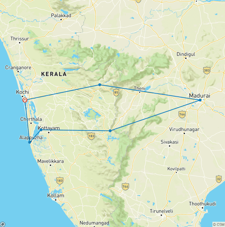 Map of 10 Days Romantic Beaches and Backwaters Tour of Kerela(ALL INCLUSIVE)