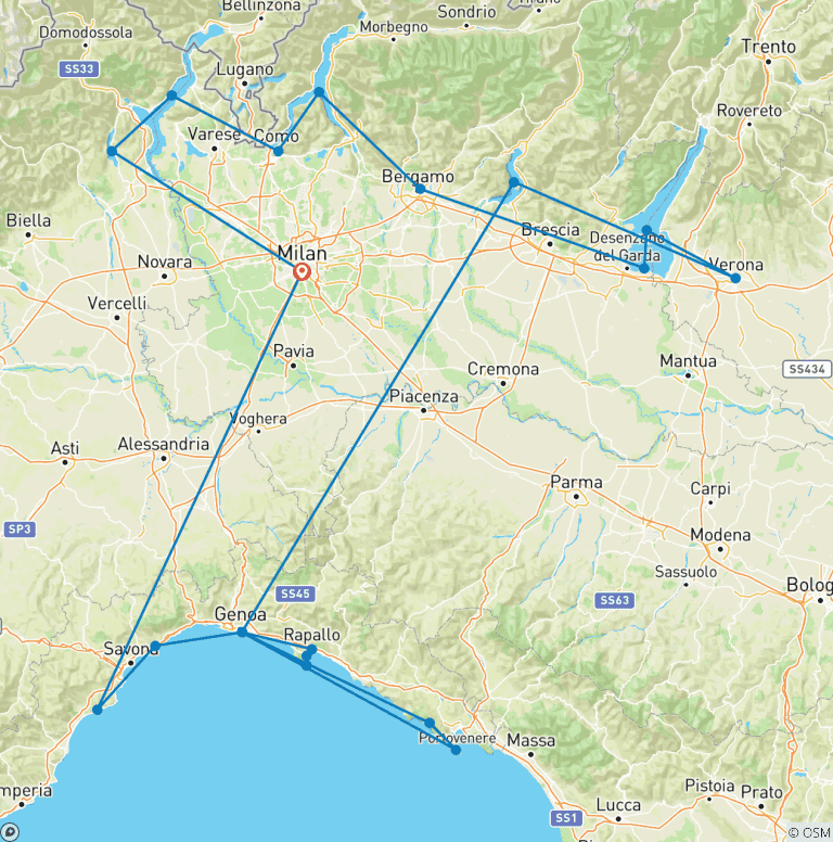 Map of 7 Days Northern Lakes and Italian Riviera Tour - from Milan
