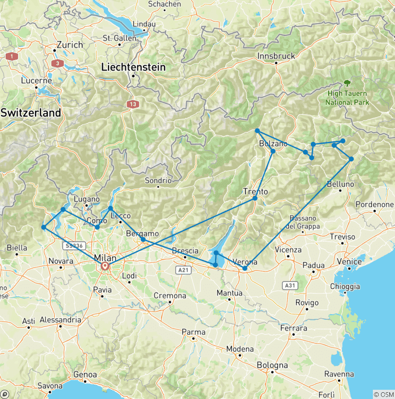 Map of 7 Days Northern Lakes and Dolomites Tour - from Milan