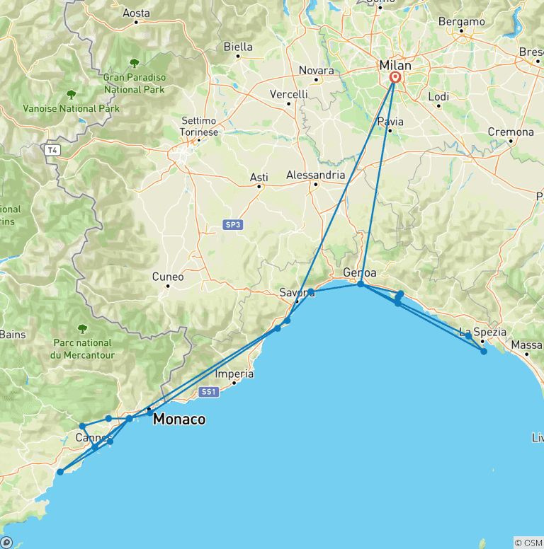 Map of 7 Days Italian Riviera and French Coast Tour - from Milan
