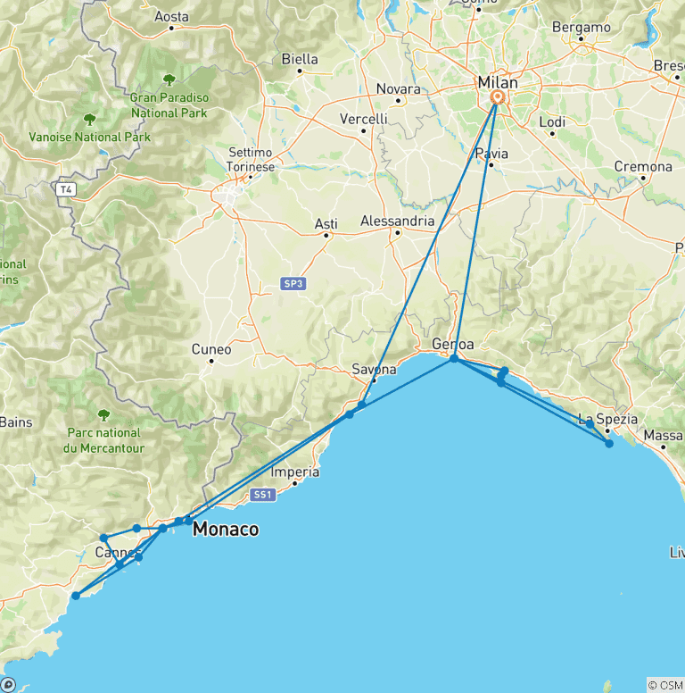 Map of 7 Days Italian Riviera and French Coast Tour - from Milan