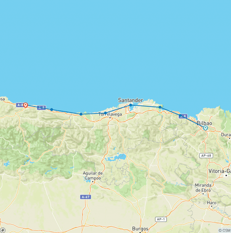 Map of Basque Country to Asturias Self-Guided Cycling Tour