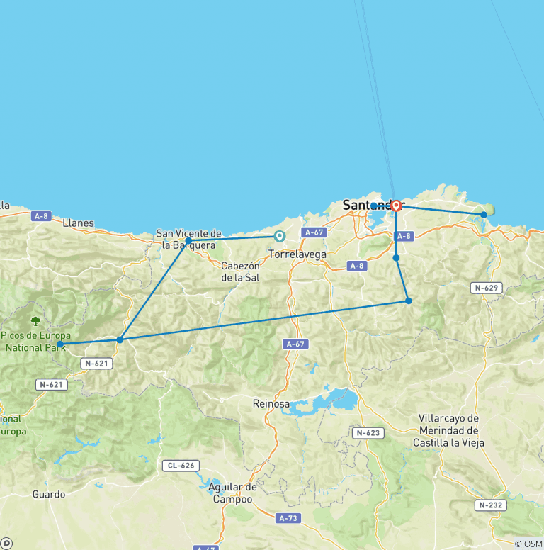 Map of Green Spain & Picos de Europa Self-Guided Cycling Tour