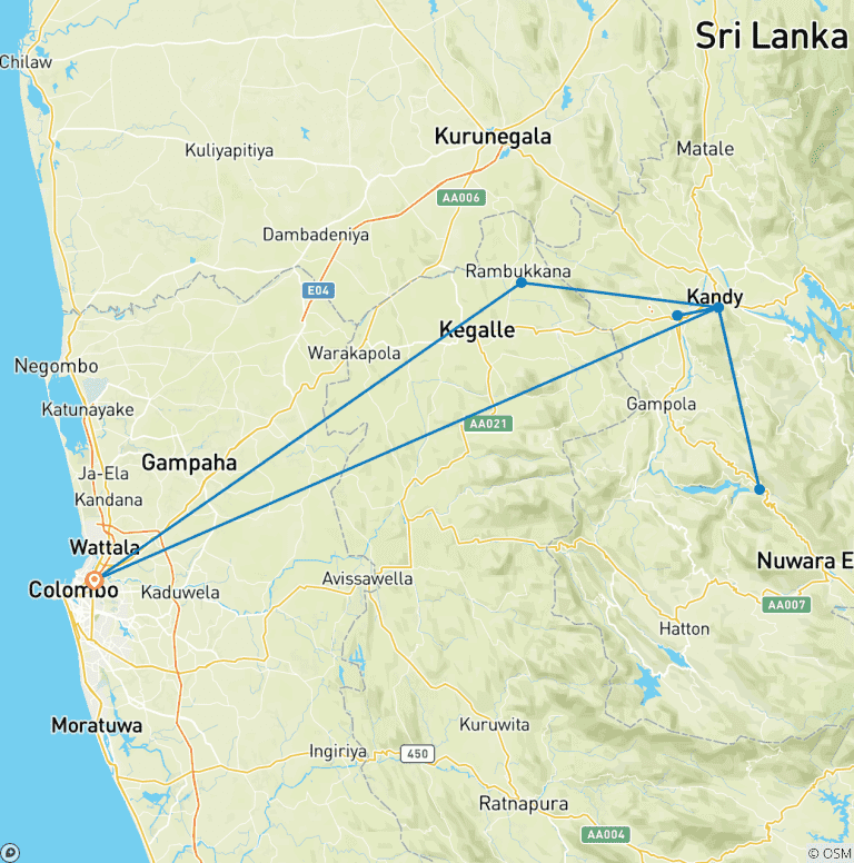 Map of Kandy Excursion - 3 Days