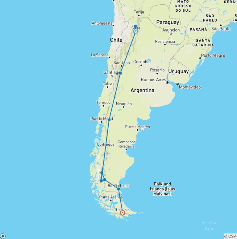 Map of Full Argentina Adventure – Route 40 (20 Nights)