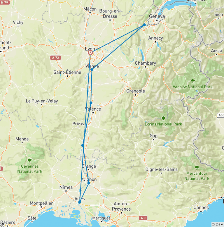 Map of All the must-see sites on the Rhône between Lyon, Provence, and the Camargue with a dinner at Paul Bocuse's Abbaye de Collonges Restaurant OFFERED (port-to-port cruise) (including Vienne)