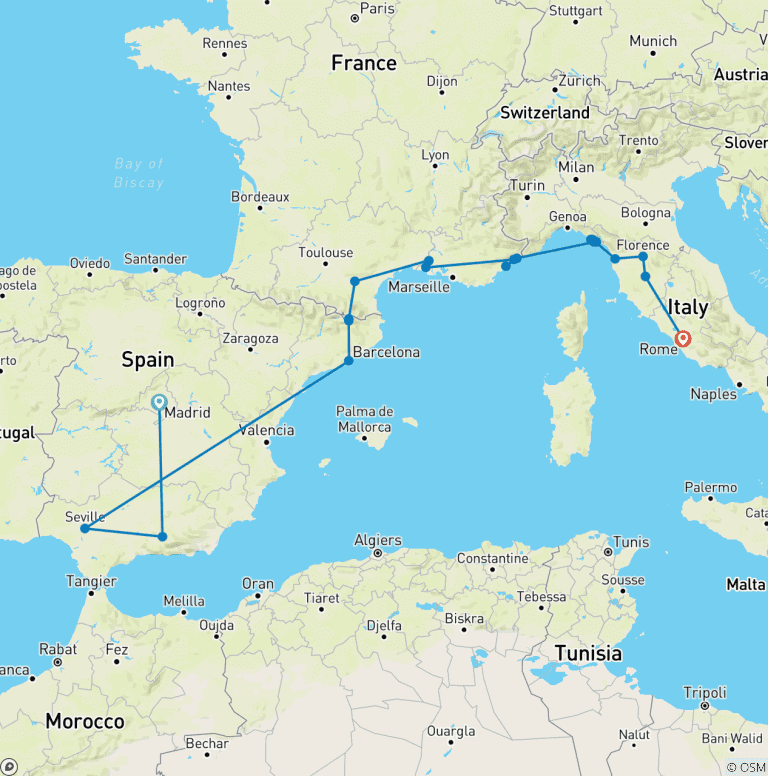 Map of Madrid to Rome