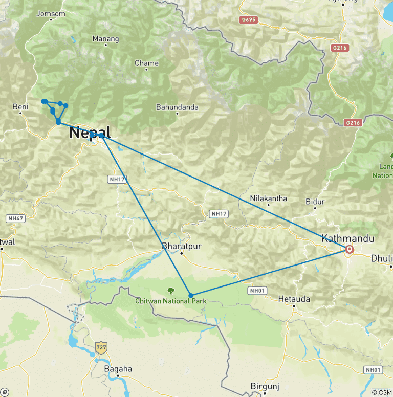 Map of Real Nepal Experience Tour 12 Days